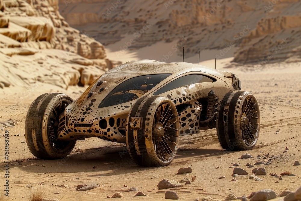 Futuristic Concept Vehicle Traversing a Desert Landscape Futuristic Concept Vehicle Traversing a Desert Landscape