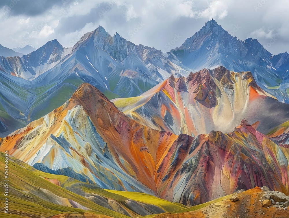 Colorful mountain range with dramatic sky