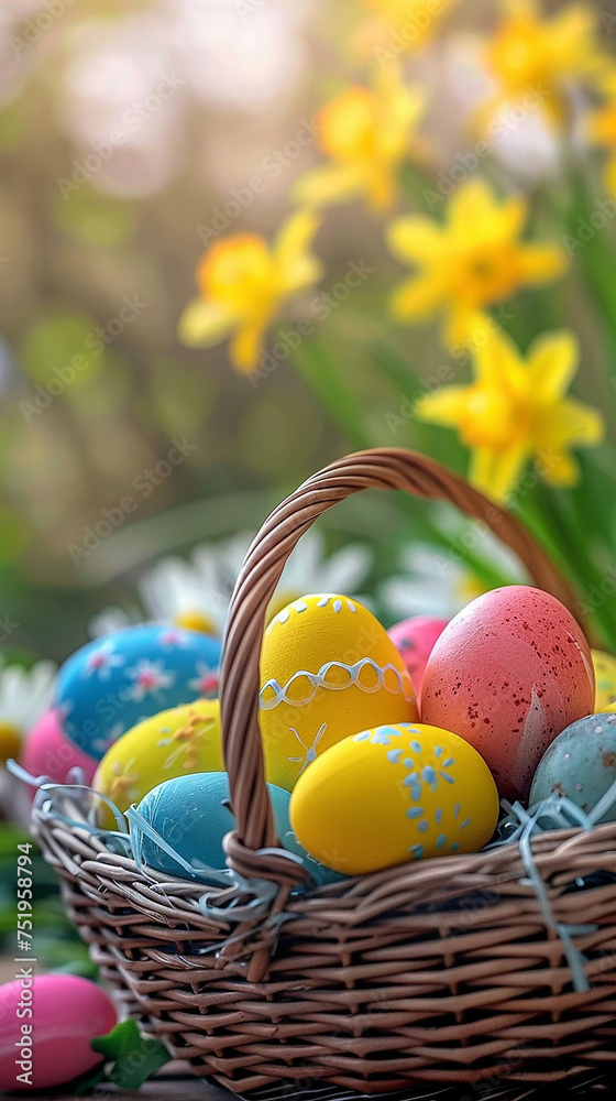 Easter eggs in a wicker basket on a background of spring flowers Easter eggs in a wicker basket on a background of spring flowers