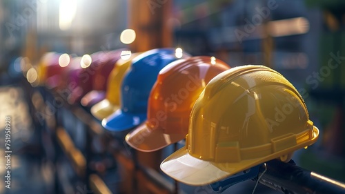 Array of safety helmets lined up against a radiant backdrop, ready for the workday photo