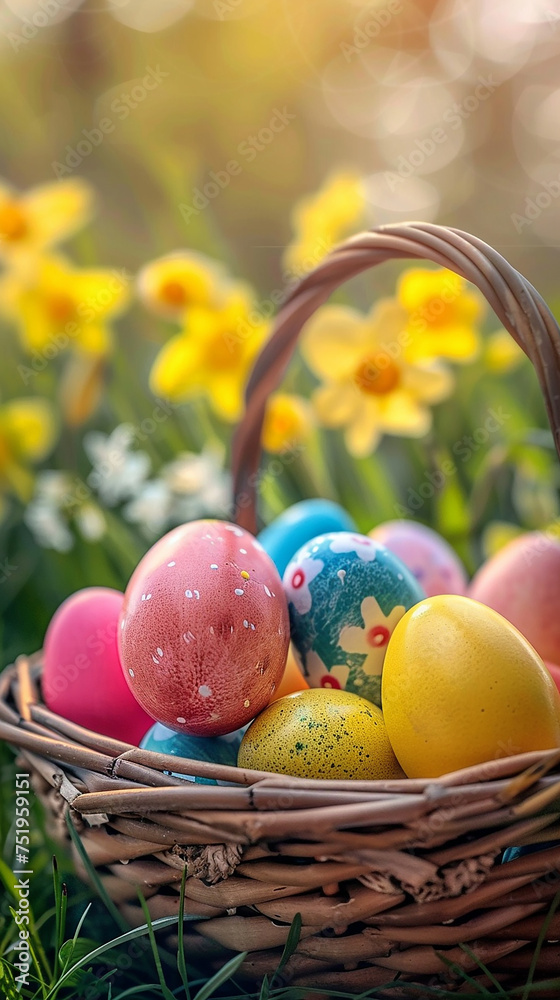 Colorful easter eggs in basket on green grass with daffodils
