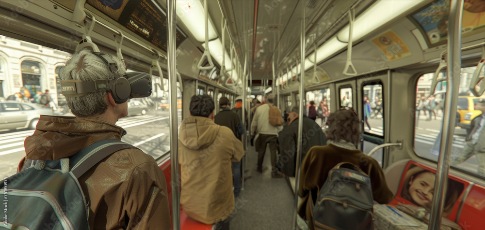 A virtual reality simulation of a public transportation setting where individuals with autism can practice social skills related to navigating and interacting with strangers