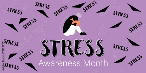 Banner for Stress Awareness Month with crying woman