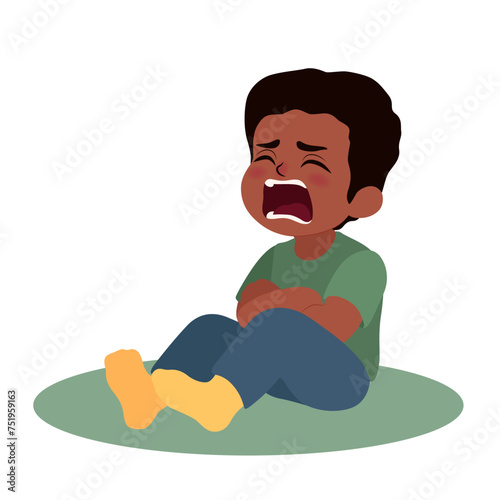 Crying little African-American boy with autistic disorder on white background