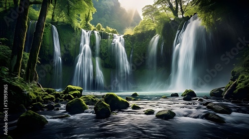 waterfall  flows  pool  water  surrounded  mossy  rocks  lush  greenery  nature  scenic  landscape  tranquil  cascade  serene  environment  outdoor  wilderness  foliage  stream  picturesque  idyllic  