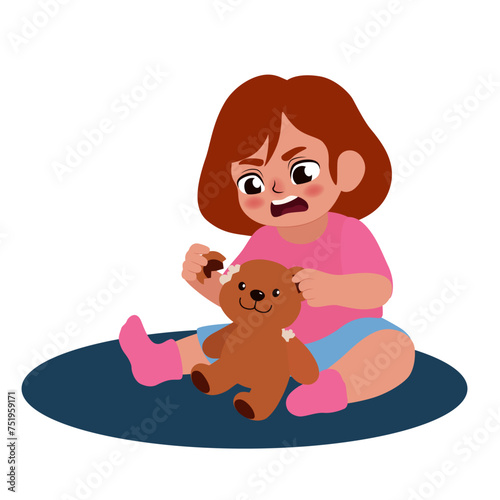 Angry little girl with autistic disorder playing with teddy bear on white background