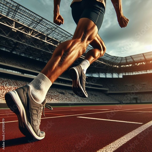Athlete running on racetrack at stadium. Close up of athlete legs.