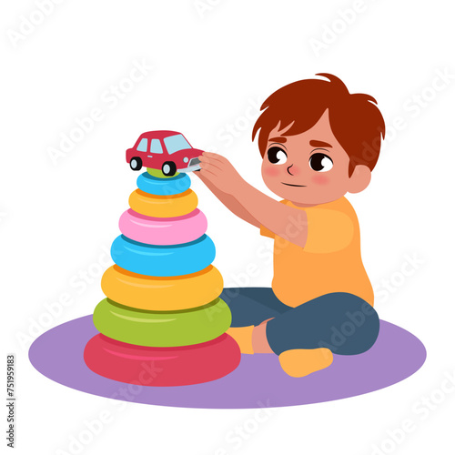 Little boy with autistic disorder playing with toys on white background