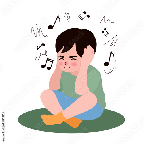 Stressed little boy covering ears because of loud noise on white background