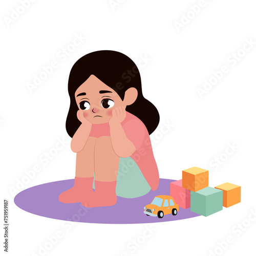 Sad little girl with autistic disorder on white background