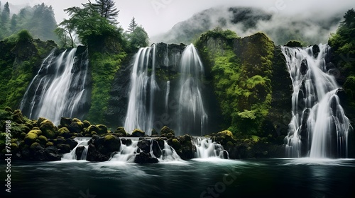 waterfall  flows  pool  water  surrounded  mossy  rocks  lush  greenery  nature  scenic  landscape  tranquil  cascade  serene  environment  outdoor  wilderness  foliage  stream  picturesque  idyllic  