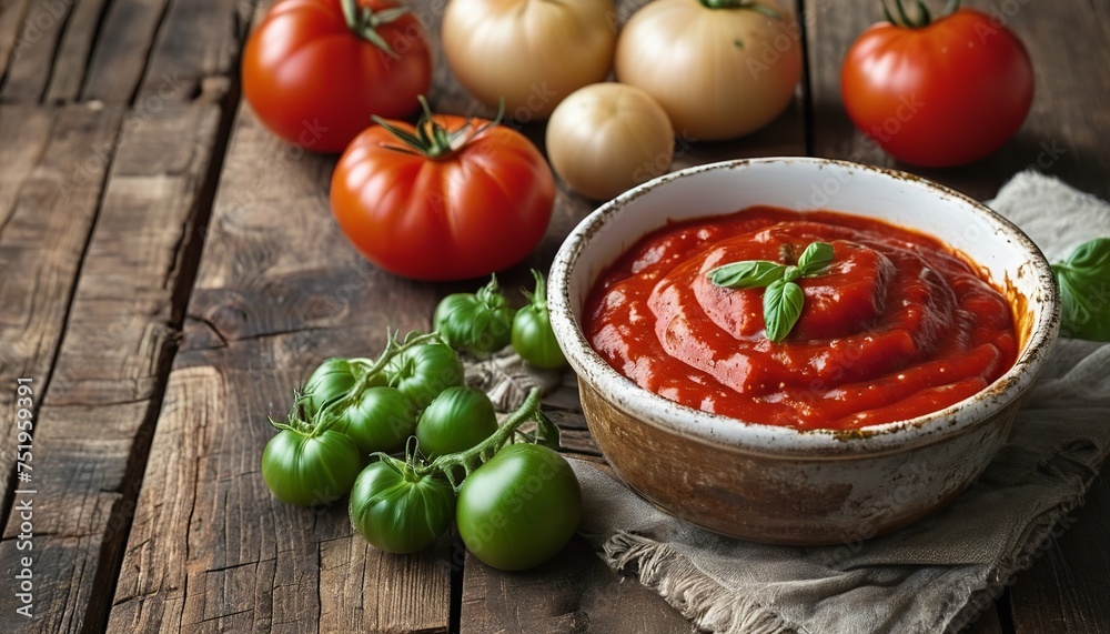 Gourmet Tomato Sauce Presented on a Charming Wooden Surface Gourmet Tomato Sauce Presented on a Charming Wooden Surface