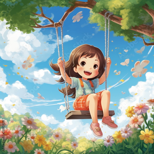 Happy child on swing under trees with falling leaves, happy childhood cartoon illustration