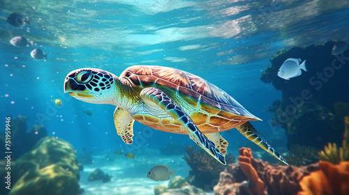 Beautiful turtle swimming in the oceans clear water