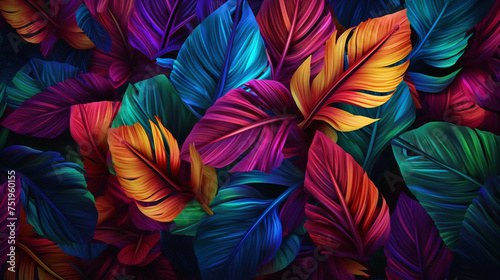 Brightly colored tropical leaves on a dark background