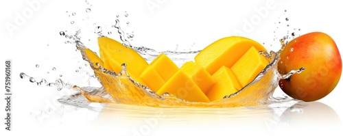 mango in water splash juice . white background