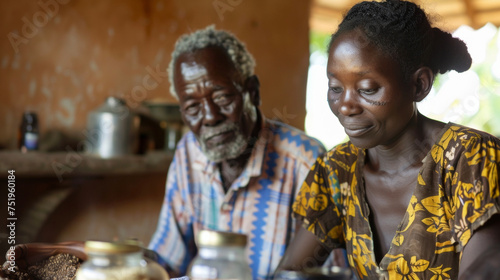 A mother watches intently as her elderly father carefully teaches her daughter how to prepare traditional medicines for treating common ailments.