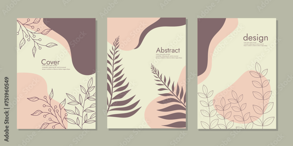 set of abstract contemporary cover with hand drawn floral  in boho style. Mid century minimalist background for book cover template for annual report, magazine, catalog, proposal, portfolio, brochure,