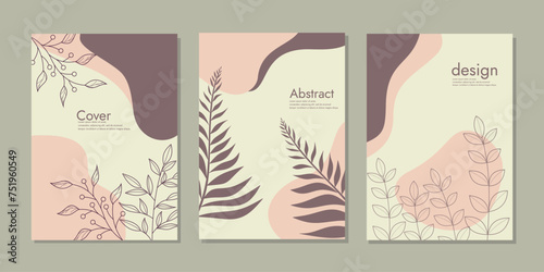 set of abstract contemporary cover with hand drawn floral  in boho style. Mid century minimalist background for book cover template for annual report, magazine, catalog, proposal, portfolio, brochure,