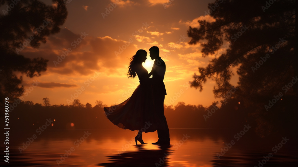 Couple in silhouette dancing passionately under sunset
