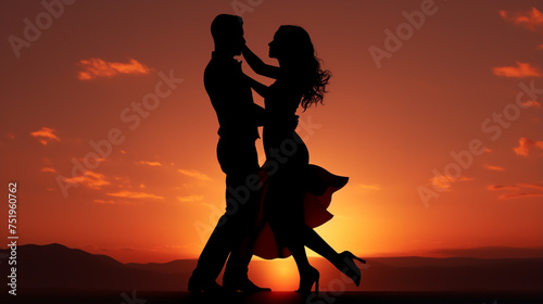 Couple in silhouette dancing passionately under sunset