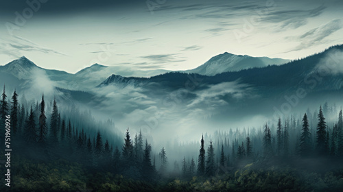 A serene forest of fir trees enveloped in morning mist  with distant mountains rising in the soft light of dawn.