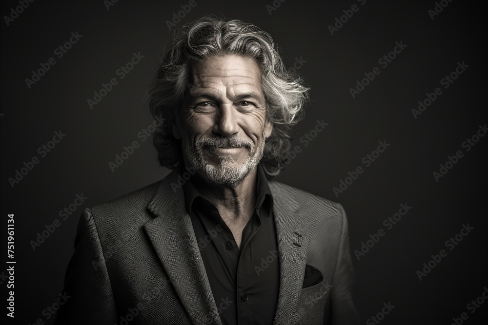 Portrait of a handsome senior man with grey hair wearing a suit.