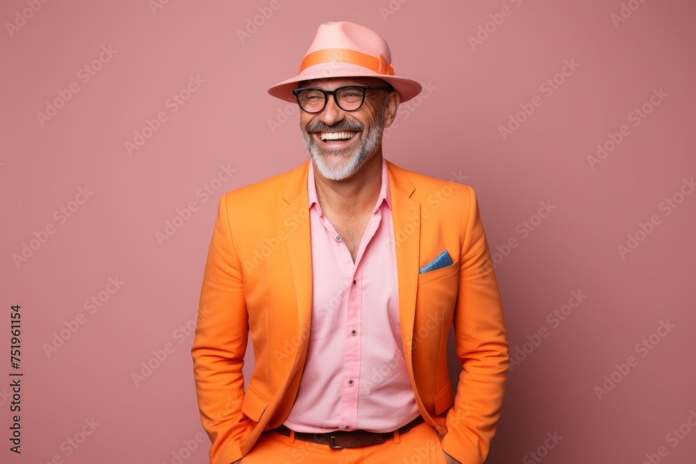 Portrait of a happy senior man in orange suit and hat, isolated over pink background Portrait of a happy senior man in orange suit and hat, isolated over pink background