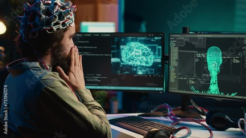 IT technician using EEG headset stupefied after mind upload virtual process is successful. Man astounded after achieving goal of transferring consciousness into computer cyberspace, camera A photo