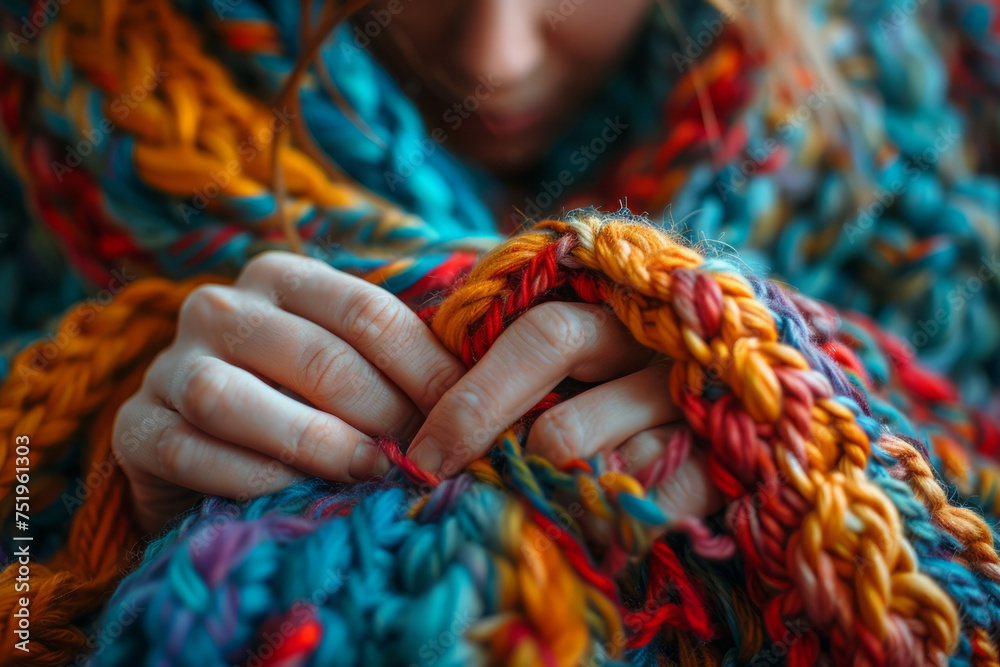 Close-up of knits a knitting from multi-colored threads.