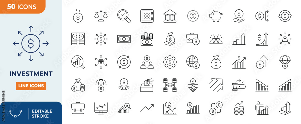 investment Line Editable Icon Set.  Editable stroke. Vector illustration	