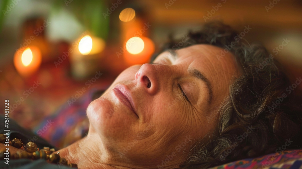 A closeup of a womans face as she lies in Savasana her eyes gently closed and a serene expression on her face. In the background a small altar holds candles and traditional A closeup of a womans face as she lies in Savasana her eyes gently closed and a serene expression on her face. In the background a small altar holds candles and traditional