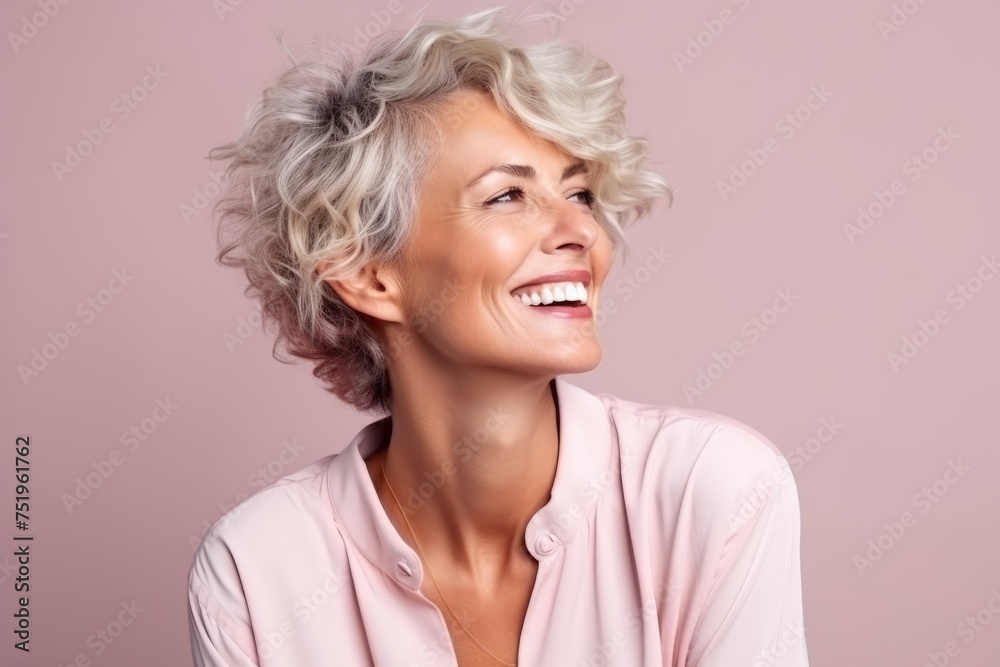 Portrait of a happy mature woman smiling at the camera over pink background