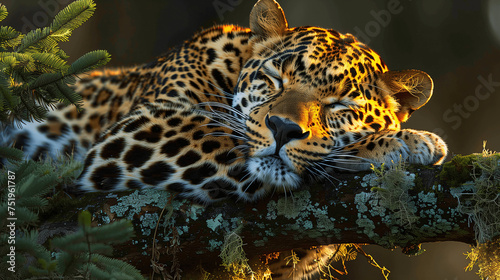 Resting Leopard on Tree Branch at Sunset © Stanley