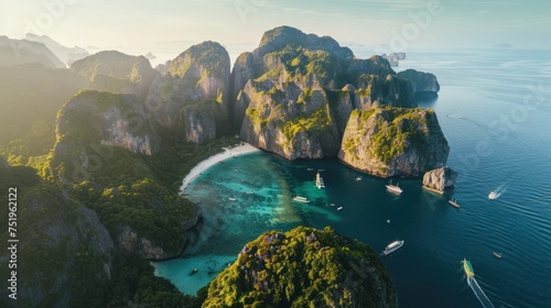 Aerial view of Phi Phi Island landscape, southern Thailand with soft sunlight. photo