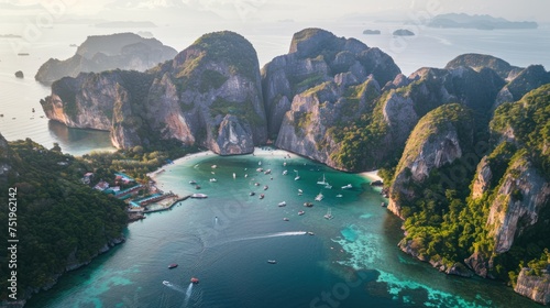 Aerial view of Phi Phi Island landscape  southern Thailand with soft sunlight.