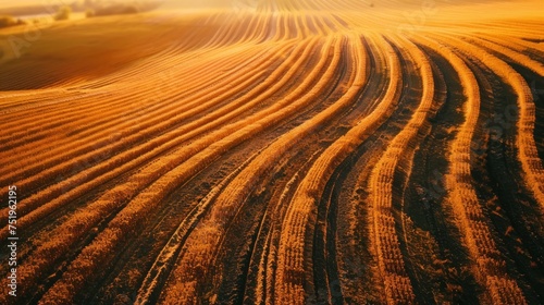 Aerial view of landscape of orange fields with soft sunlight.