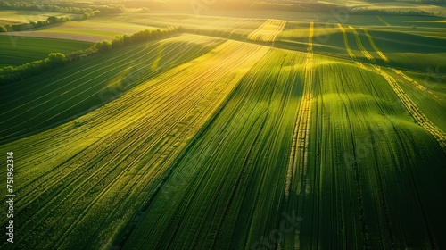 Aerial view with geometric textures Landscape of many agricultural fields with various plants such as rapeseed in bloom.