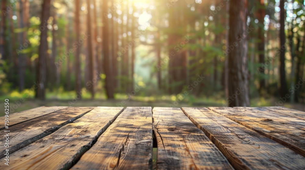 Beautiful blurry boreal forest background view. with empty rustic wooden table Beautiful blurry boreal forest background view. with empty rustic wooden table