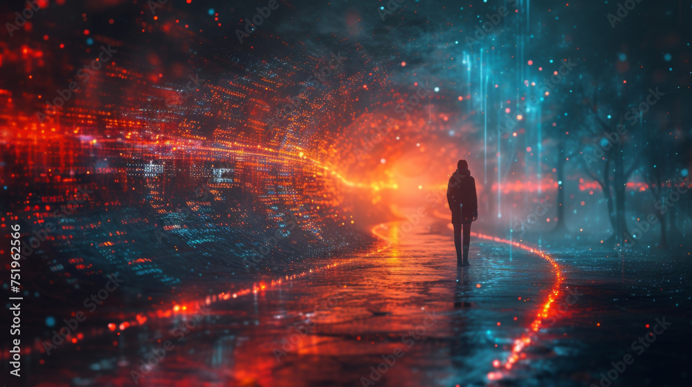The fourth image features a person on a journey through a futuristic landscape symbolizing their repayment journey. The path they walk is paved with different types of currency