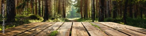 Beautiful blurry boreal forest background view. with empty rustic wooden table