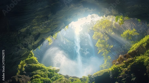 Image of opening a window to view the waterfall at sunrise and thin fog.