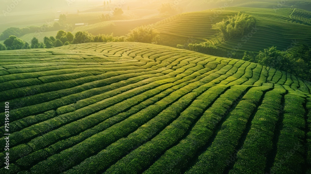 Aerial view of tea fields in soft sunlight