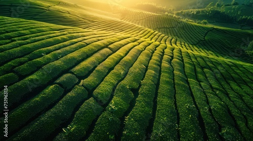 Aerial view of tea fields in soft sunlight