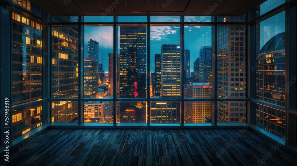 Skyscrapers with empty rooms seen through glass and big city view. Beautiful buildings at night.