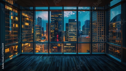 Skyscrapers with empty rooms seen through glass and big city view. Beautiful buildings at night. © somchai20162516