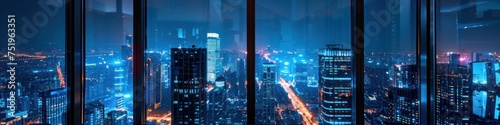 Skyscrapers with empty rooms seen through glass and big city view. Beautiful buildings at night.