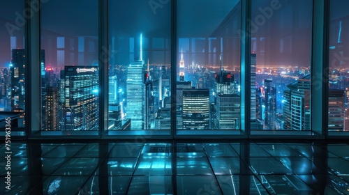 Skyscrapers with empty rooms seen through glass and big city view. Beautiful buildings at night.
