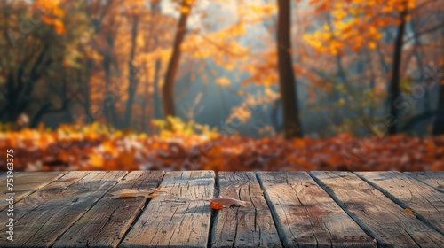 Empty rustic wooden table for displaying products with blurred background of autumn forest.