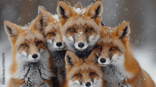 Group of Red Foxes in Snowfall © Stanley